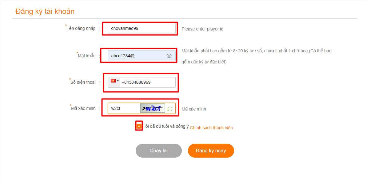 Điền thông tin đăng ký và đánh dấu tích đồng ý