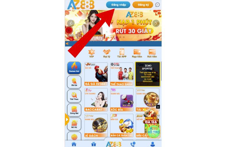 Truy cập vào trang web chính thức của AZ888 bấm đăng nhập